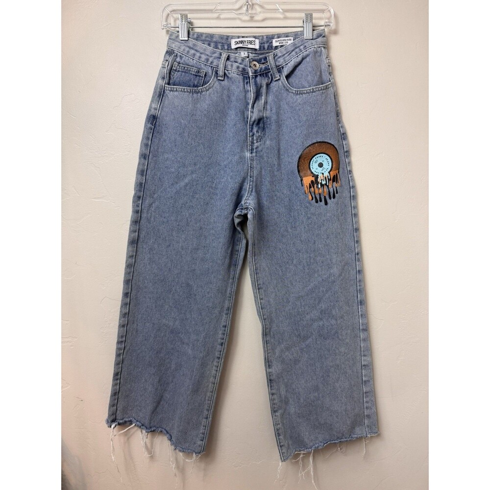 Skinny Fries High Rise Wide Leg Jeans Large Logo Skater Size 3 Y2K 90's - Picture 1 of 8